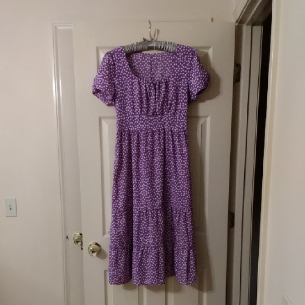 Purple Floral Midi Dress with Puff Sleeves